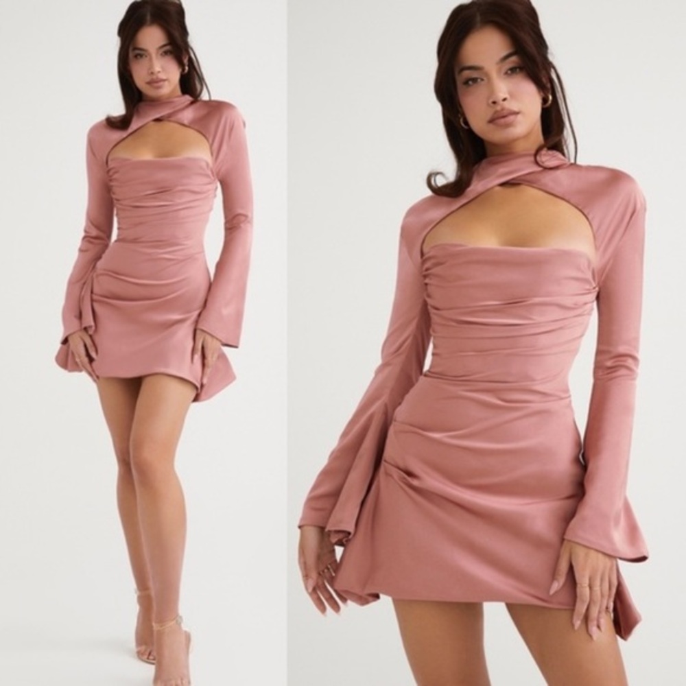 House of CB Rose Satin Cutout Long-Sleeve Mini Dress